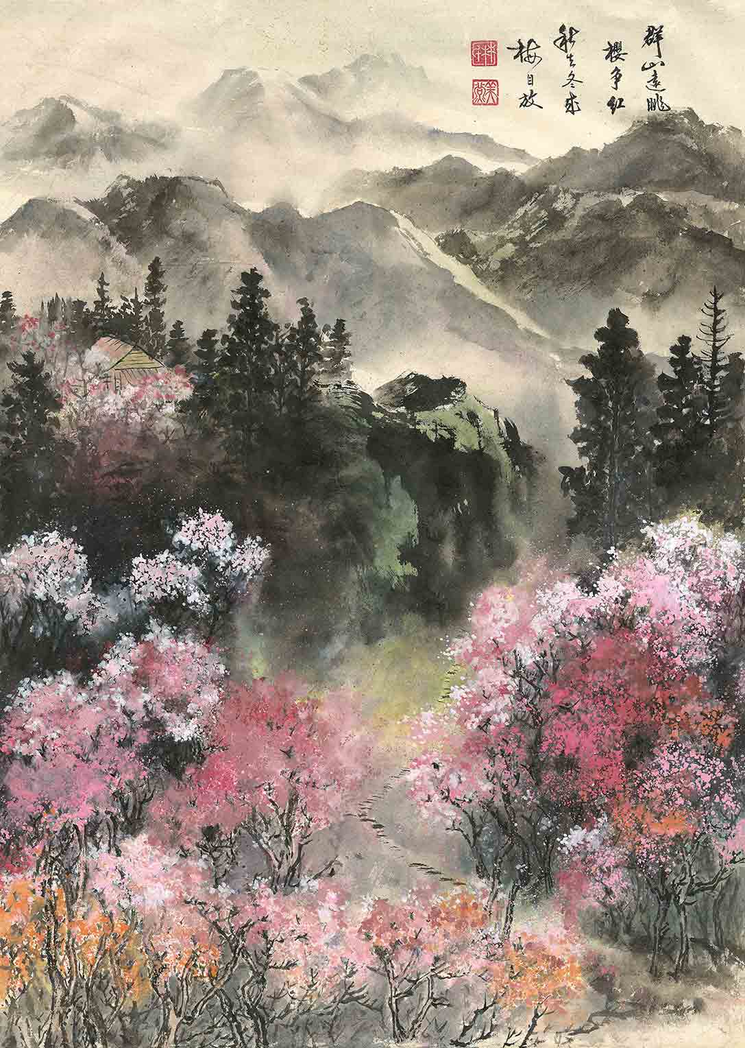 ART-059-林美燕-群山遠眺櫻爭紅-97x69cm
