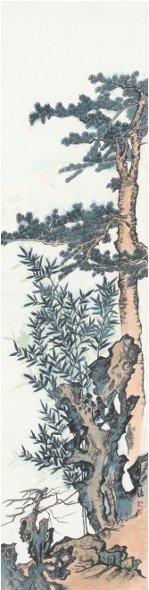 image-038-沈美珠-松竹長青-紙本設色-135x35cm
